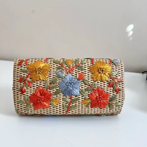 Anthropologie Garden Route Clutch Floral Raffia Embroidered Woven Purse Bag - Picture 3 of 12